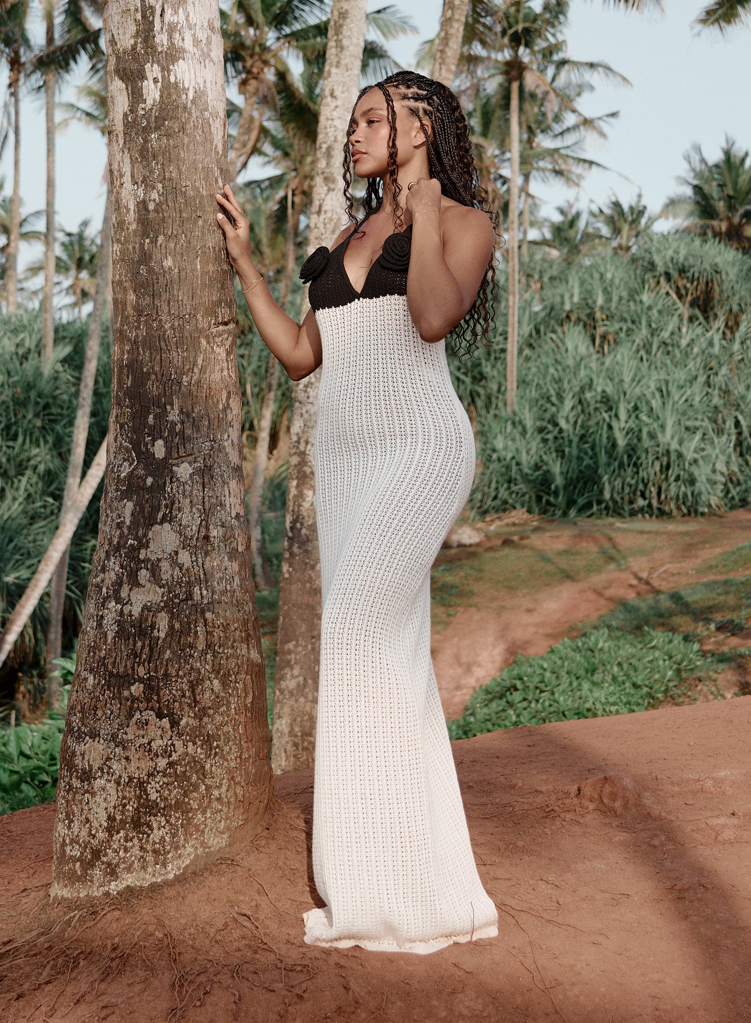 Cream And Black Knit Corsage Maxi Dress